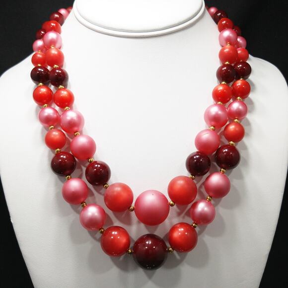 Vintage 1960s Red Pink Lucite Bead Necklace Earring Set Gold Tone Mid Century - Picture 5 of 10